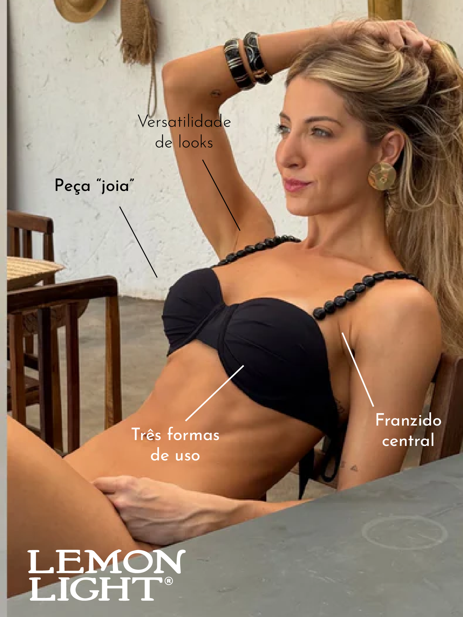 Top Helena Preto | Top de Biquíni com Aro e Alças de Pérolas Negras Artesanais – Lemon Light.